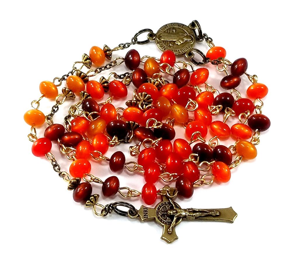 Handmade Vintage Lucite Rosary St Benedict Bronze Catholic Prayer